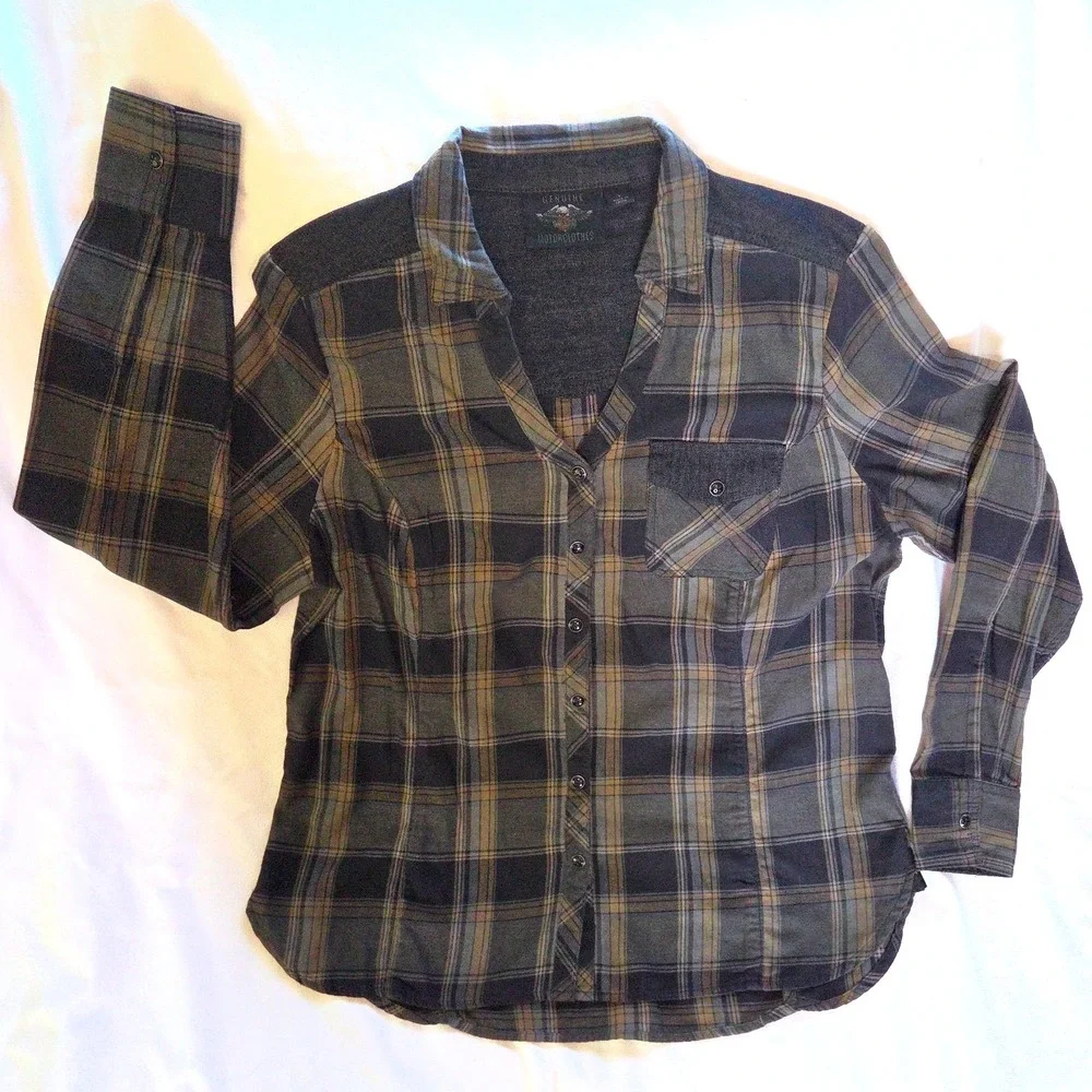 Harley Davidson Plaid Snap Down Women L Gray Tan Graphic Back 96337-19VW‎